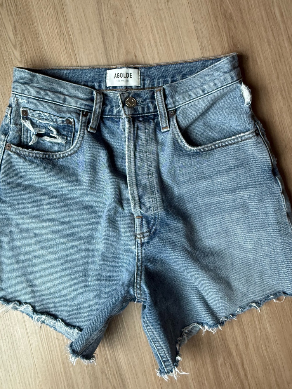 AGOLDE Riley Denim Cut Off Jean Shorts Long Inseam Snapshot Sz 25
